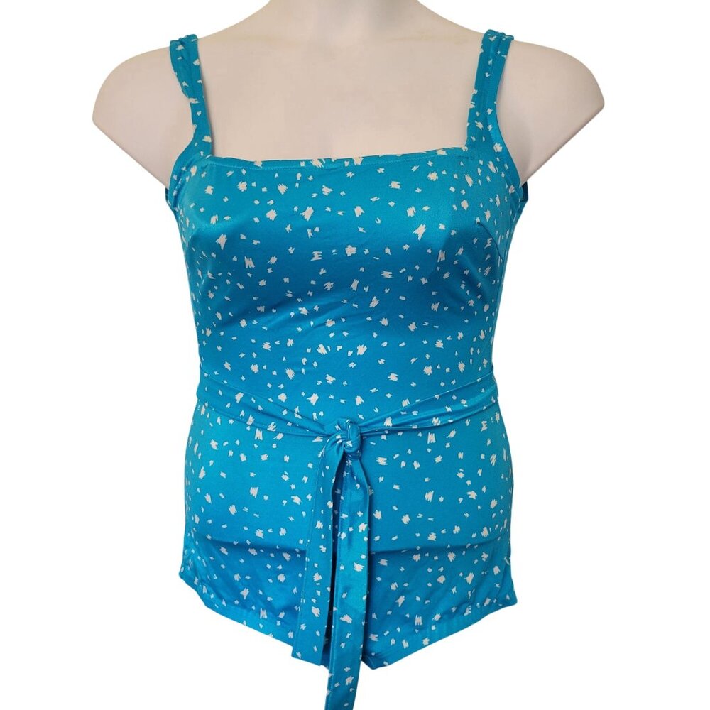 Vintage 1960S Blue White Abstract Print Swimsuit Belted Waist Square Neckline - Picture 1 of 11